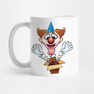 laugthing clown jumps out of surprised box. Mug